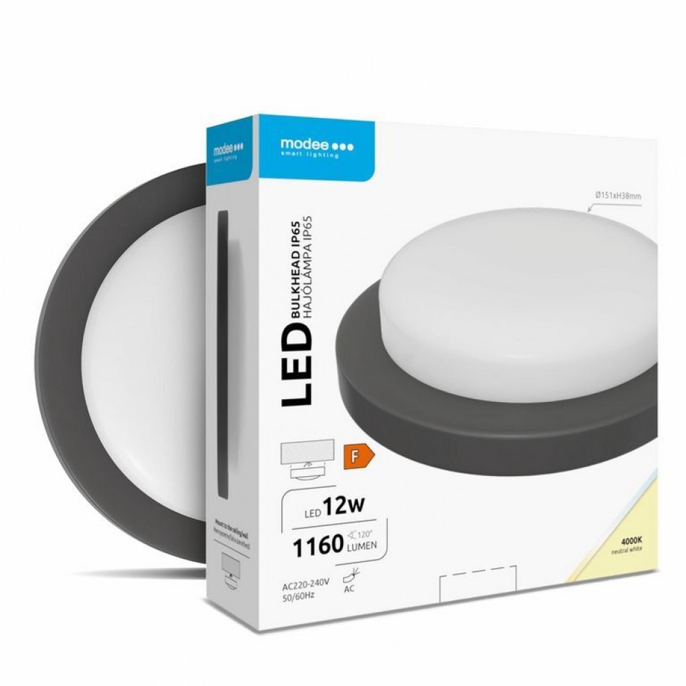 LED влагозащитен плафон 12W 4000K 1160lm 220-240V IP65 черен Ф151мм