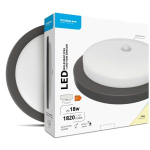 LED влагозащитен плафон със сензор PIR 18W 4000K 1820lm IP65 черен Ф195мм