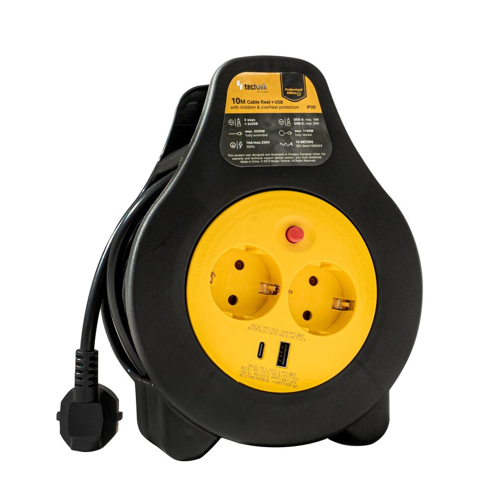 Technik Professional макара с кабел 2 гнезда 10m +1 x USB-A +1 x USB-C 1,5mm2 16A